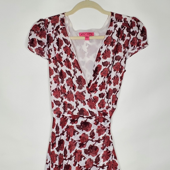 Betsey Johnson Floral Wrap Midi Dress Size 14 Asymmetric Hem Layered Romantic - Picture 3 of 13